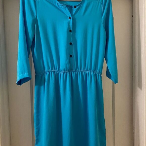 AQUA 3/4 sleeve midi dress 👗 teal/blue with black collar trim and buttons. Sz S - Picture 2 of 6